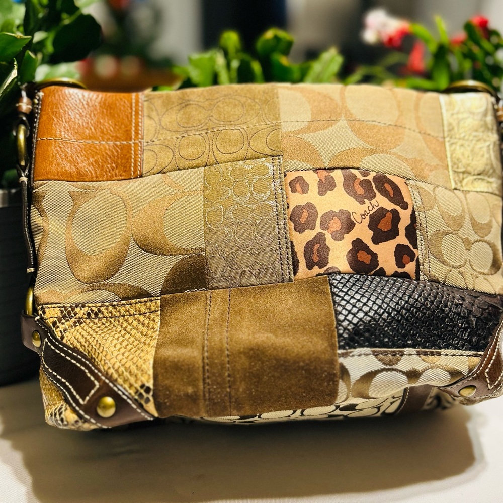 Coach Brown and Tan Patchwork Shoulder Bag